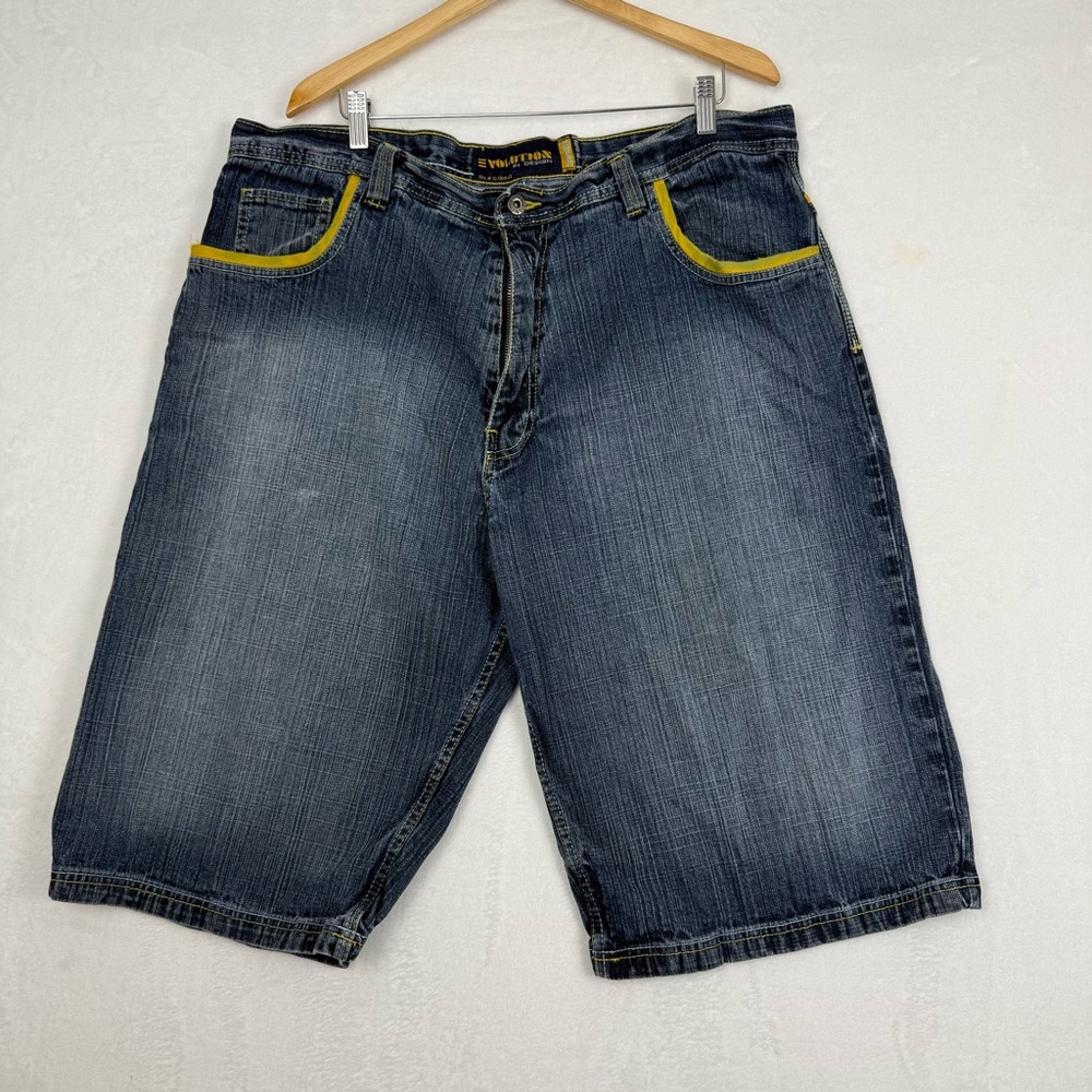 Evolution in Design Men’s Jean Shorts Size 40 Distressed Denim yellow trim
